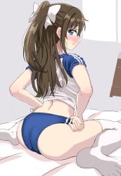 Rule 34 | 1girl, absurdres, arched back, ass, blue buruma, blue eyes, blush, bow, brown hair, buruma, character request, closed mouth, clothes grab, copyright name, copyright request, ereka, from behind, gym uniform, hair bow, half updo, hand on own hip, highres, leaning forward, long hair, looking at viewer, looking back, midriff, no shoes, nose blush, ponytail, shirt, sitting, solo, sweatdrop, thighhighs, two-tone shirt, wariza, white bow, white thighhighs