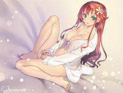Rule 34 | 1girl, barefoot, bottomless, breasts, cleavage, feet, female focus, green eyes, hair ornament, large breasts, long hair, mitake eil, open clothes, open shirt, original, parted lips, pawoo username, red hair, sidelocks, sitting, solo, toes