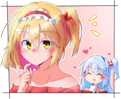 Rule 34 | 2girls, alice margatroid, alternate hair ornament, alternate hairstyle, blonde hair, blush, closed eyes, closed mouth, dondyuruma, frilled hairband, frills, grey hair, hair bobbles, hair ornament, hairband, heart, lolita hairband, long hair, multiple girls, off shoulder, one side up, open mouth, own hands together, red hairband, shinki (touhou), short hair, side ponytail, smile, touhou, touhou (pc-98), yellow eyes