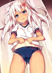 Rule 34 | 1girl, :d, alternate costume, bag, blue eyes, blush, breasts, buruma, cameltoe, clothes lift, commentary request, cowboy shot, flower, from above, gym uniform, hair flower, hair ornament, head tilt, highres, kantai collection, lifting own clothes, long hair, lying, on back, one-piece tan, open mouth, panties, panties under buruma, panty peek, revision, ro-500 (kancolle), shiny skin, shirt, shirt lift, short sleeves, silver hair, small breasts, smile, solo, sweat, tan, tanline, tareme, thighs, unacchi (nyusankin), underwear, white panties, white shirt