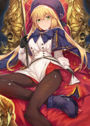 Rule 34 | 1girl, artoria caster (fate), artoria caster (second ascension) (fate), artoria pendragon (fate), black gloves, blonde hair, blush, breasts, capelet, dress, fate/grand order, fate (series), gloves, green eyes, hair between eyes, hat, highres, holding, holding staff, long hair, long sleeves, looking at viewer, ohland, pantyhose, smile, solo, staff, twintails