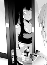 Rule 34 | 2girls, blank stare, breasts, chicke iii, cleavage, closed mouth, collarbone, commentary request, door, door handle, empty eyes, expressionless, finger on trigger, greyscale, gun, highres, holding, holding gun, holding weapon, inoue takina, long hair, looking at another, lycoris recoil, medium breasts, menacing, monochrome, multiple girls, nishikigi chisato, opening door, panties, sports bra, sweatdrop, underwear, weapon