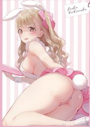 Rule 34 | 1girl, absurdres, animal ears, ass, blush, breasts, brown eyes, cowboy shot, feet out of frame, highres, holding, holding tray, kinako (shiratama mochi), light brown hair, looking at viewer, medium breasts, open mouth, original, rabbit ears, rabbit girl, rabbit tail, sideboob, solo, striped, striped background, tail, tray, two side up, wavy hair, wrist cuffs