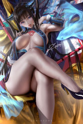 Rule 34 | 1girl, armpits, ass, bare legs, bare shoulders, black footwear, black hair, blue dress, blue eyes, blunt bangs, blush, breast curtains, breasts, center opening, china dress, chinese clothes, crossed legs, detached sleeves, dress, fate/grand order, fate (series), fish, floral print, flute, hair ornament, high heels, instrument, large breasts, legs, long hair, looking at viewer, parted lips, pipa (instrument), sidelocks, smile, solo, twintails, very long hair, yang guifei (fate), zumi (zumidraws)