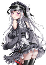Rule 34 | 1girl, anchor symbol, ass, azur lane, back, black corset, black footwear, black hat, black ribbon, blush, boots, breasts, clothing cutout, collared dress, corset, dress, elbe (azur lane), fang, frilled dress, frilled sleeves, frills, hair between eyes, hair ribbon, hat, highres, large breasts, layered dress, leotard, leotard under clothes, long hair, looking back, naga (pixiv70891418), open mouth, peaked cap, purple eyes, ribbon, shoulder cutout, simple background, skin fang, solo, thigh boots, thighhighs, twintails, white background, white leotard, wing print