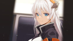 Rule 34 | 1girl, black jacket, blue eyes, blurry, blurry background, blurry foreground, breasts, closed mouth, commentary request, depth of field, from side, highres, honkai (series), honkai impact 3rd, jacket, kiana kaslana, looking at viewer, looking to the side, medium breasts, ohta yuichi, puffy sleeves, smile, solo, train interior, upper body, white hair