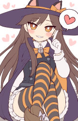 Rule 34 | 1girl, animal ears, arashio (kancolle), asashio (kancolle), asashio (kancolle) (cosplay), black dress, blush, brown eyes, brown footwear, brown hair, cape, cat ears, cosplay, crossed legs, dress, frilled dress, frills, gloves, halloween, halloween costume, hat, heart, highres, kantai collection, long hair, long sleeves, pinafore dress, school uniform, shirt, simoyuki, simple background, sleeveless, sleeveless dress, smile, solo, spoken heart, striped clothes, striped legwear, striped thighhighs, thighhighs, white background, white gloves, white shirt, witch hat