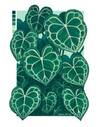Rule 34 | anthurium clarinervium, artist name, border, color guide, dokirosi, green background, green theme, highres, leaf, no humans, original, plant, plant focus, signature, white border