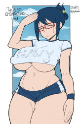 Rule 34 | 1boy, 1girl, black hair, blue hair, breasts, cleavage, closed eyes, covered erect nipples, crop top, folded ponytail, glasses, highres, huge breasts, joylewds, large breasts, one piece, red-framed eyewear, short shorts, shorts, sweat, tashigi, thick thighs, thighs, underboob, wide hips