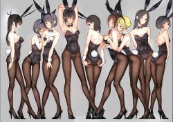 Rule 34 | 6+girls, animal ears, arm at side, armpits, arms behind back, arms behind head, arms up, ass, ass support, back-seamed legwear, backless outfit, bare arms, bare shoulders, between legs, black eyes, black footwear, black hair, black legwear, blonde hair, blunt bangs, blush, bodysuit, bow, bowtie, braid, grabbing another&#039;s breast, breasts, brown eyes, brown hair, cleavage, closed mouth, collarbone, commentary request, contrapposto, covering privates, covering breasts, covering crotch, crossed legs, detached collar, earrings, embarrassed, fake animal ears, fishnet pantyhose, fishnets, full body, grabbing, grabbing from behind, green eyes, grey background, grey hair, hair ornament, hair over shoulder, hair ribbon, hairband, hairclip, hand between legs, hands on another&#039;s chest, hands on breasts, hands on own ass, hands on own chest, hands on thighs, head tilt, hiding, hiding behind another, high heels, highres, hug, hug from behind, jewelry, large breasts, leotard, lineup, long hair, looking away, looking back, looking down, looking to the side, md5 mismatch, medium breasts, multiple girls, original, pantyhose, parted bangs, playboy bunny, profile, rabbit ears, rabbit tail, resolution mismatch, revision, ribbon, seamed legwear, shoes, short hair, simple background, small breasts, smile, smug, source smaller, spread ass, standing, strapless, strapless leotard, tail, thigh gap, tsukino wagamo, twin braids, twintails, watson cross, wrist cuffs, yuri