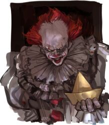 Rule 34 | 1boy, absurdres, clown, colored skin, evil grin, evil smile, grin, highres, horror (theme), juliet sleeves, long sleeves, looking at viewer, male focus, paper boat, pennywise, puffy sleeves, red hair, red nose, smile, white background, white skin, yellow eyes