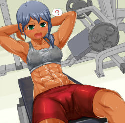 Rule 34 | abs, armpits, arms up, bike shorts, blush, cameltoe, cum, cum on body, cum on upper body, covered erect nipples, gavinekov, green eyes, gym, gym equipment, midriff, muscular, open mouth, sweat, tan, toned
