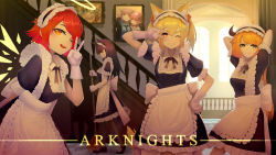 Rule 34 | 4girls, ;d, absurdres, alternate costume, animal ears, apron, arknights, arms behind head, arms up, bielin, black dress, black hair, black ribbon, blonde hair, broom, commentary request, copyright name, croissant (arknights), dress, enmaided, exusiai (arknights), frilled apron, frills, from side, gloves, grin, halo, hand on own hip, hand up, hibiscus (arknights), highres, holding, holding broom, huge filesize, indoors, lava (arknights), long hair, looking at viewer, maid, maid apron, maid headdress, multiple girls, neck ribbon, one eye closed, open mouth, orange eyes, orange hair, pantyhose, petticoat, picture frame, profile, puffy short sleeves, puffy sleeves, railing, red eyes, red hair, ribbon, short hair, short sleeves, smile, sora (arknights), texas (arknights), twintails, v, v over eye, white apron, white gloves, wolf ears