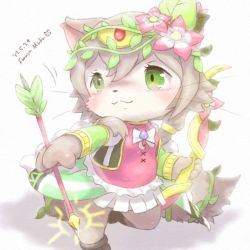 Rule 34 | arrow (projectile), artemis (cat busters), artist request, bow (weapon), brown hair, cat busters, flower, furry, green eyes, hair flower, hair ornament, head wreath, smile, weapon