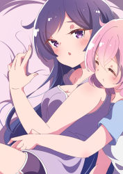 Rule 34 | 2girls, :/, assault lily, bare arms, bare shoulders, blue shirt, blush, breasts, cleavage, closed eyes, closed mouth, commentary request, crossed bangs, fingernails, hair between eyes, hair spread out, hand on another&#039;s stomach, hand up, head on another&#039;s shoulder, highres, hitotsuyanagi riri, honkawa works, itou shizu (assault lily), long hair, looking at viewer, looking to the side, lying, medium breasts, multiple girls, on side, parted lips, pillow, pink hair, purple eyes, purple hair, purple shorts, purple tank top, shirt, short hair, short shorts, short sleeves, shorts, side slit, side slit shorts, sleeping, sleeping on person, strap slip, swept bangs, tank top, two-tone shirt, white shirt, yuri