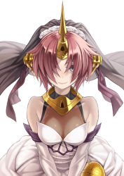 Rule 34 | 1girl, blue eyes, breasts, cleavage, dress, elbow gloves, fate/apocrypha, fate/grand order, fate (series), frankenstein&#039;s monster (fate), gloves, hair over eyes, hair over one eye, headgear, highres, horns, kame (pixiv), looking at viewer, pink hair, see-through, see-through cleavage, short hair, single horn, small breasts, smile, solo, veil, wedding dress, white dress, white gloves
