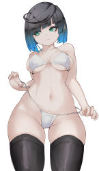 Rule 34 | 1girl, absurdres, alternate costume, bikini, black hair, black thighhighs, blue hair, bob cut, breasts, closed mouth, collarbone, commentary, covered erect nipples, cowboy shot, diagonal bangs, english commentary, expressionless, eyes visible through hair, from below, genshin impact, green eyes, groin, highres, inovy, large breasts, looking at viewer, micro bikini, navel, short hair, simple background, solo, strap pull, string bikini, swimsuit, thighhighs, white background, white bikini, yelan (genshin impact)