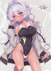 Rule 34 | 1girl, black one-piece swimsuit, breasts, brown eyes, commentary request, commission, competition swimsuit, dark skin, feet out of frame, grey jacket, jacket, lying, medium breasts, one-piece swimsuit, original, silver hair, skeb commission, solo, swimsuit, uganda (ugandam 00)