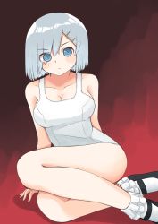 Rule 34 | 1girl, blue eyes, breasts, eyes visible through hair, full body, gradient background, hair ornament, hair over one eye, hairclip, hamakaze (kancolle), highres, kantai collection, large breasts, looking at viewer, mary janes, one-piece swimsuit, school swimsuit, shoes, short hair, silver hair, sitting, socks, solo, swimsuit, toplow, white one-piece swimsuit, white socks, yokozuwari