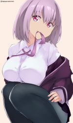 Rule 34 | 1girl, black pantyhose, black skirt, breasts, brown background, closed mouth, collared shirt, commentary request, dress shirt, gridman universe, hair between eyes, hood, hood down, hooded jacket, jacket, long sleeves, medium breasts, miniskirt, mouth hold, off shoulder, open clothes, open jacket, pantyhose, pleated skirt, purple eyes, purple hair, purple jacket, purple ribbon, ribbon, ribbon in mouth, shinjou akane, shirt, short hair, simple background, skirt, sleeves past wrists, smile, solo, squatting, ssss.gridman, tasora, twitter username, white shirt