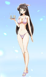 Rule 34 | 1girl, :d, alternate costume, bikini, black eyes, black hair, blue background, breasts, cleavage, commentary request, cup, full body, gradient background, highres, holding, holding tray, kinfuji, long hair, looking at viewer, navel, open mouth, original, pink bikini, pink footwear, ponytail, sandals, simple background, smile, solo, swimsuit, touge chayako, tray, yunomi
