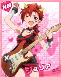 Rule 34 | &gt;;d, 10s, 1girl, ;d, arm up, armpits, bandages, blue eyes, bracelet, card (medium), character name, choker, electric guitar, fake horns, guitar, horns, idolmaster, idolmaster million live!, instrument, jewelry, julia (idolmaster), looking at viewer, million live card, official art, one eye closed, oni horns, open mouth, plectrum, red hair, short hair, smile, solo, v-shaped eyebrows