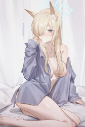 Rule 34 | 1girl, animal ear fluff, animal ears, ass, bare legs, bare shoulders, barefoot, bed, bed sheet, blonde hair, blue archive, blue eyes, blush, bottomless, breasts, chilakkk, closed mouth, commentary request, hair over one eye, halo, heavy breathing, highres, indoors, kanna (blue archive), medium breasts, naked shirt, on bed, open clothes, open shirt, shirt, sitting, solo, thighs, translation request