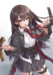 Rule 34 | 1girl, black hair, brown eyes, collared shirt, commentary request, girls&#039; frontline, gun, hair between eyes, handgun, highres, holding, jacket, long hair, long sleeves, looking at viewer, necktie, nz75 (girls&#039; frontline), cz 75, pistol, pleated skirt, potato tacos, red necktie, shirt, simple background, skirt, solo, strap, tongue, tongue out, weapon, white shirt