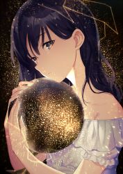 Rule 34 | achiki, bad id, bad twitter id, ball, bare shoulders, black background, black hair, close-up, commentary request, dress, expressionless, eyes visible through hair, glowing, hair between eyes, hair over shoulder, head tilt, holding, holding ball, holding to chest, leo (constellation), long hair, looking at viewer, multicolored background, multicolored eyes, open mouth, orb, original, simple background, solo, sparkling eyes, tagme, white dress, yellow background