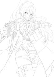 Rule 34 | 1girl, absurdres, alternate costume, an-94, an-94 (girls&#039; frontline), an-94 (mod3) (girls&#039; frontline), assault rifle, braid, coat, cowboy shot, girls&#039; frontline, greyscale, gun, hairband, highres, lineart, long hair, mask, mod3 (girls&#039; frontline), monochrome, mouth mask, nekoya (liu), ponytail, rifle, tactical clothes, thigh strap, weapon