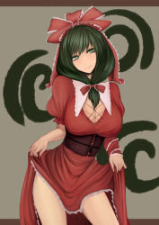 Rule 34 | 1girl, bad id, bad pixiv id, bow, breasts, cleavage, clothes lift, corset, dress, dress lift, female focus, front ponytail, green eyes, green hair, hair bow, kagiyama hina, large breasts, matching hair/eyes, otouto (caster5), ribbon, skirt, skirt lift, smile, solo, touhou