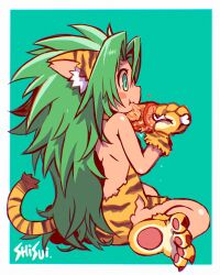 Rule 34 | 1girl, :t, animal ear fluff, animal ears, animal print, aqua background, aqua eyes, backless outfit, big hair, blush stickers, boned meat, border, cham cham, chromatic aberration, eating, food, gloves, green hair, halterneck, holding, holding food, long hair, meat, outside border, paw gloves, paw shoes, samurai spirits, shisui, sitting, solo, tail, tiger print, tiger tail, wariza, webp-to-png conversion, white border