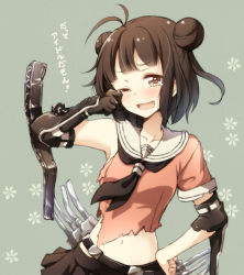 Rule 34 | 10s, 1girl, ;d, ahoge, antenna hair, blunt bangs, blush, brown eyes, brown hair, crop top, double bun, elbow gloves, gloves, hair bun, hand on own hip, kantai collection, looking at viewer, midriff, naka (kancolle), navel, one eye closed, open mouth, pleated skirt, sailor collar, short hair, skirt, smile, solo, tears, tokunou shoutarou, torn clothes, translation request, wince, wink, wiping tears