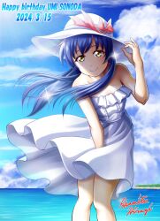 Rule 34 | 1girl, artist name, asamitu hiragi, bare shoulders, birthday, blue hair, dated, happy birthday, hat, highres, long hair, looking at viewer, love live!, outdoors, signature, sleeveless, smile, solo, sonoda umi, yellow eyes