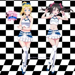 Rule 34 | 2girls, ayase eli, black hair, blonde hair, blue eyes, blush, boots, breasts, checkered background, checkered floor, collarbone, earrings, hair ornament, hair ribbon, hat, highres, jewelry, large breasts, love live!, love live! school idol project, maruze circus, midriff, miniskirt, multiple girls, navel, race queen, red eyes, ribbon, skirt, small breasts, smile, thigh boots, thighhighs, yazawa nico
