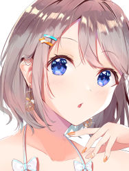 Rule 34 | 1girl, :o, aqua eyes, artist name, artist request, bare shoulders, blue eyes, blush, bow, brown hair, collarbone, earrings, female focus, food-themed earrings, food themed earrings, grey hair, hair between eyes, hair ornament, hairclip, highres, jewelry, light brown hair, looking at viewer, love live!, love live! sunshine!!, nail, nail polish, orange earrings, orange nails, parted lips, short hair, solo, upper body, watanabe you, white background, white bow