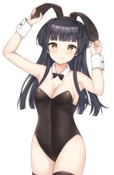 Rule 34 | 1girl, animal ears, arms up, bare shoulders, black bow, black bowtie, black hair, black hairband, black leotard, black thighhighs, blunt bangs, bow, bowtie, breasts, brown eyes, cleavage, closed mouth, collar, collarbone, commentary request, detached collar, fake animal ears, fingernails, hairband, highres, idolmaster, idolmaster shiny colors, leotard, long hair, mayuzumi fuyuko, medium breasts, playboy bunny, rabbit ears, seventeen (st17215), simple background, smile, solo, strapless, strapless leotard, thighhighs, two side up, white background, white collar, wing collar, wrist cuffs