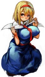 Rule 34 | 1girl, alice margatroid, blonde hair, blue dress, blue eyes, blush, breasts, capelet, covered erect nipples, dress, hairband, large breasts, perky breasts, sachito, sash, short hair, simple background, sketch, solo, touhou, white background