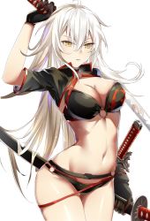 Rule 34 | 1girl, ahoge, bikini, black bikini, black jacket, breasts, choker, cleavage, commentary request, cowboy shot, fate/grand order, fate (series), gloves, hair between eyes, holding, holding sword, holding weapon, jacket, jeanne d&#039;arc alter (swimsuit berserker) (fate), jeanne d&#039;arc (fate), jeanne d&#039;arc alter (fate), jeanne d&#039;arc alter (swimsuit berserker) (fate), katana, large breasts, long hair, o-ring, sheath, sheathed, shrug (clothing), solo, swimsuit, sword, weapon, white background, white hair, yellow eyes, yusan
