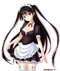 Rule 34 | 1girl, :p, apron, black hair, blush, choker, female focus, frills, garter straps, head tilt, highres, lintanghaseo, long hair, looking at viewer, maid, maid apron, maid headdress, mayo chiki!, red eyes, ribbon choker, simple background, skirt, solo, suzutsuki kanade, thighhighs, tongue, tongue out, twintails, two side up, very long hair, white thighhighs