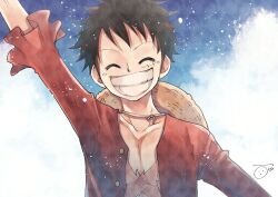 1boy ^_^ aco_peda black_hair closed_eyes cloud commentary_request hat long_sleeves male_focus monkey_d._luffy one_piece open_clothes open_shirt red_shirt scar scar_on_face shirt short_hair signature sky smile solo spiked_hair straw_hat waving