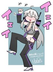 Rule 34 | +++, 1girl, ^ ^, absurdres, ahoge, belt, black pants, black sleeves, blush, boots, breasts, cleavage, closed eyes, collared shirt, commission, crop top, cropped shirt, detached sleeves, facing viewer, grey hair, grey shirt, hatopopoko, high heel boots, high heels, highres, large breasts, low ponytail, midriff, navel, necktie, nose blush, pants, popped collar, purple belt, purple necktie, second-party source, shirt, shoulder tattoo, sidelocks, skeb commission, sleeveless, sleeveless shirt, solo, standing, standing on one leg, tattoo, vocaloid, yowane haku