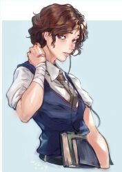 Rule 34 | 1girl, absurdres, bandaged wrist, bandages, bandaid, bandaid on hand, blue background, blue sweater vest, book, border, brown hair, cable, commentary, curly hair, diagonal-striped clothes, diagonal-striped necktie, grey necktie, hand on own neck, headphones, highres, holding, holding book, juaag acgy, looking at viewer, necktie, original, outside border, parted lips, shirt, short hair, simple background, solo, striped clothes, sweater vest, upper body, white border, white shirt