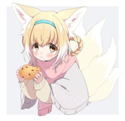 Rule 34 | 1girl, :t, alternate eye color, animal ears, arknights, blonde hair, blue hairband, blush, braid, chocolate chip cookie, cookie, eating, food, food on face, fox ears, fox girl, fox tail, grey background, hairband, highres, holding, holding cookie, holding food, kitsune, looking at viewer, multicolored hair, multiple tails, pink scarf, poncho, scarf, simple background, solo, streaked hair, suzuran (arknights), sweater, tail, upper body, white hair, yellow eyes, yellow sweater, yukijiro