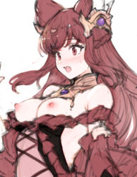 Rule 34 | 1girl, anthuria, bad id, bad pixiv id, breasts, detached sleeves, erune, granblue fantasy, hair ornament, highres, koretsuki azuma, long hair, medium breasts, nipples, open mouth, red eyes, red hair, simple background, sketch, solo, sweat, white background