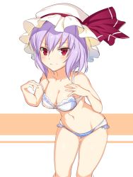 Rule 34 | 1girl, bow, bow panties, bra, breasts, groin, hair between eyes, hat, icomochi, leaning forward, light purple hair, light smile, midriff, mob cap, navel, no wings, panties, red eyes, remilia scarlet, short hair, small breasts, solo, stomach, strap slip, touhou, underwear, underwear only, white bra, white panties