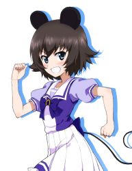 Rule 34 | 1girl, animal ears, back bow, blouse, blue eyes, blue shirt, bow, bowtie, brown hair, clenched hands, collared shirt, girls und panzer, grin, hairband, high-waist skirt, kayabakoro, looking at viewer, mauko (girls und panzer), mouse ears, mouse tail, pleated skirt, puffy short sleeves, puffy sleeves, purple bow, purple bowtie, purple shirt, school uniform, shirt, short sleeves, silhouette, simple background, skirt, smile, solo, standing, tail, tracen school uniform, umamusume, white background, white skirt