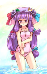 Rule 34 | 1girl, :&lt;, bow, crescent, female focus, hat, homura subaru, long hair, low-tied long hair, one-piece swimsuit, patchouli knowledge, pink bow, pink one-piece swimsuit, purple hair, solo, swimsuit, touhou