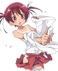 Rule 34 | 1girl, :o, blush, holding, holding mahjong tile, ixy, japanese clothes, mahjong, mahjong tile, open mouth, red eyes, red hair, saki (manga), short hair, short twintails, simple background, solo, tan, tanline, thighhighs, twintails, usuzumi hatsumi, white background, white thighhighs
