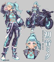 Rule 34 | 1girl, alternate hairstyle, aqua eyes, aqua hair, belt, boot straps, boots, braid, blowing bubbles, ear piercing, earrings, facial tattoo, fingerless gloves, fishnet top, fishnets, french braid, gloves, hair pulled back, hatsune miku, highres, hoop earrings, jewelry, leaning on object, leather, motor vehicle, motorcycle, pants, piercing, solo, standing, tattoo, tipsytrains, vocaloid